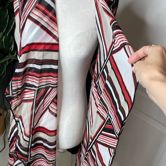 Chicos Long Open Vest Size 1 Womens Small Sheer Black Red Tan Stretch Back MED - Picture 14 of 14